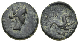 PHRYGIA. Amorion. (2nd-1st century BC). Ae. (15mm, 3.59 g) Obv:Turreted head of Tyche, right. Rev:ΑΜΟΡΙΑΝΩΝ ΚΛƐΑΡ. Lion leaping on kerykeion right ; m...