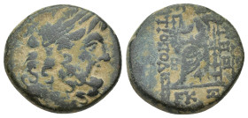 Seleucis and Pieria. Antioch circa 31-27 BC. Bronze Æ (20mm, 7.90 g). Laureate head of Zeus right. / ANTIOΧEΩΝ THΣ MHTΡOΠOΛEΩΣ, Zeus seated left, hold...
