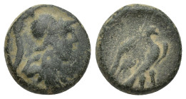 Cilicia, Soloi, 200-100 BC, AE (14mm, 3.88 g) Head of Athena to right, wearing crested Corinthian helmet Rev: SOLEWN, eagle standing right on thunderb...