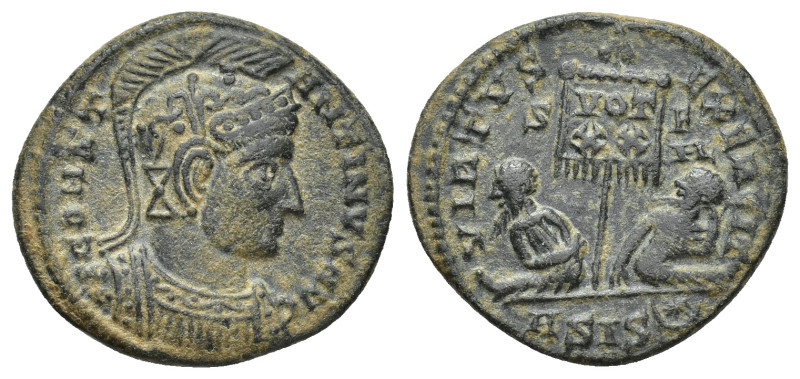 Constantine I Æ Nummus. (19mm, 3.22 g) Siscia, AD 320. CONSTANTINVS AVG, helmete...