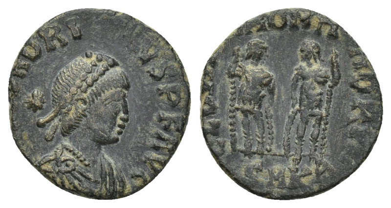 Honorius AD 393-423. Cyzicus Follis Æ (14mm, 1.60 g). D N HONORIVS P F AVG, pear...