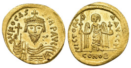 Phocas, 602-610. Solidus (21.36mm, 4.48 g), Constantinopolis, 607-610. δ N FOCAS PERP AVI Draped and cuirassed bust of Phocas facing, wearing crown su...