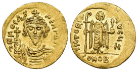 Phocas, 602-610. Solidus (20.84mm, 4.48 g), Constantinopolis, 607-610. δ N FOCAS PERP AVI Draped and cuirassed bust of Phocas facing, wearing crown su...
