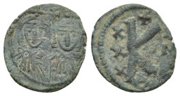 Nicephorus I, with Stauracius (802-811 AD). Constantinople AE Half Follis (15mm, 1.61 g) Obv: Facing busts of Nicephorus on the left, with short beard...
