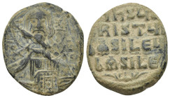 Basil II Bulgaroktonos, with Constantine VIII AD 976-1025. Anonymous follis AE. (26mm, 10.22 g) Constantinople +EMMA-NOVHΛ; IC XC to left and right of...