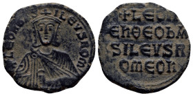 Leo VI Æ Nummus. (24mm, 7.90 g) Constantinople, AD 886-912. + LEON bASILEVS ROM, crowned facing bust, holding akakia / + LEOn/En ΘΕΟ bA/SILEVS R/OMEOn...