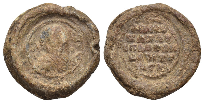 BYZANTINE LEAD SEALS. (19mm, 7.36 g). Obv: Facing bust of uncertain saint. Rev: ...