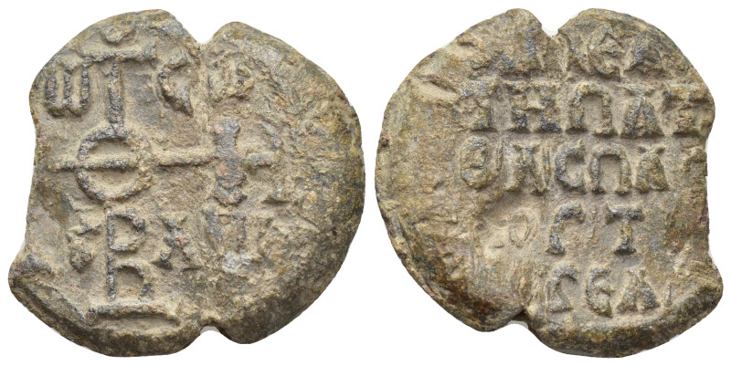 BYZANTINE LEAD SEALS. (28mm, 16.12 g). Obv: Cruciform monogram. Rev: Legend five...