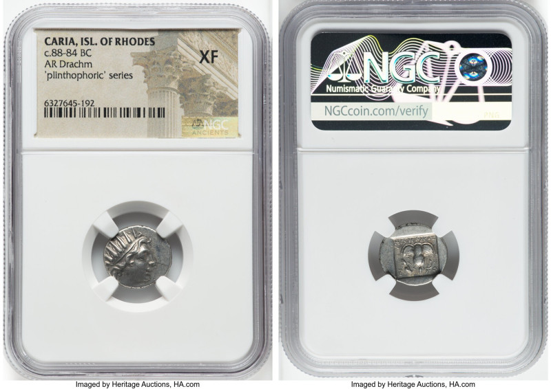 CARIAN ISLANDS. Rhodes. Ca. 88-84 BC. AR drachm (16mm, 12h). NGC XF. Plinthophor...