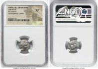 CARIAN ISLANDS. Rhodes. Ca. 88-84 BC. AR drachm (16mm, 11h). NGC XF. Plinthophoric standard, Euphanes, magistrate. Radiate head of Helios right / EYΦA...