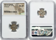 INDO-SCYTHIAN KINGDOM. Azes I/II (after ca. 58 BC). AR drachm (15mm, 8h). NGC Choice XF. Taxila. BAΣIΛEΩΣ BAΣIΛEΩN MEΓAΛOY AZOY, Azes, in military dre...
