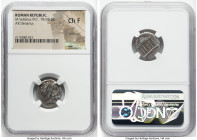 M. Volteius M.f. (78/75 BC). AR denarius (17mm, 4h). NGC Choice Fine, scratches. Rome. Laureate head of Jupiter right / M•VOLTEI•M•F, Temple of Jupite...