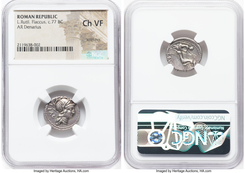 L. Rutilius Flaccus (ca. 77 BC). AR denarius (18mm, 8h). NGC Choice VF, scratche...