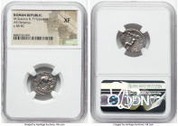 M. Aemilius Scaurus and P. Plautius Hypsaeus (ca. 58 BC). AR denarius (19mm, 5h). NGC XF. Rome. M•SCAVR / AED•CVR, kneeling figure right, olive branch...