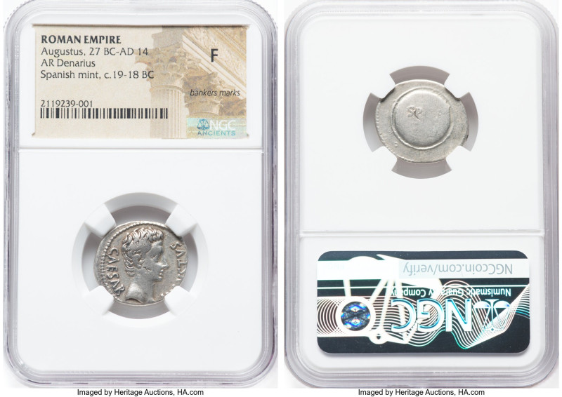 Augustus (27 BC-AD 14). AR denarius (20mm, 6h). NGC Fine, bankers marks. Spanish...