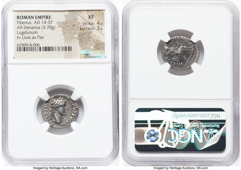 Tiberius (AD 14-37). AR denarius (19mm, 3.70 gm, 4h). NGC XF 4/5 - 3/5. Lugdunum...