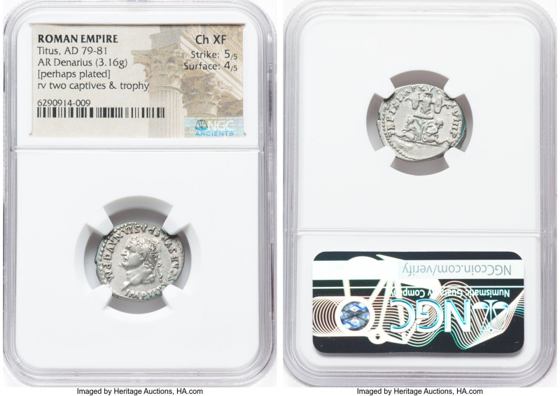 Titus, as Augustus (AD 79-81). AR denarius (19mm, 3.16 gm, 7h). NGC Choice XF 5/...