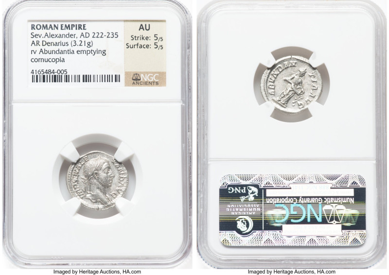 Severus Alexander (AD 222-235). AR denarius (19mm, 3.21 gm, 8h). NGC AU 5/5 - 5/...