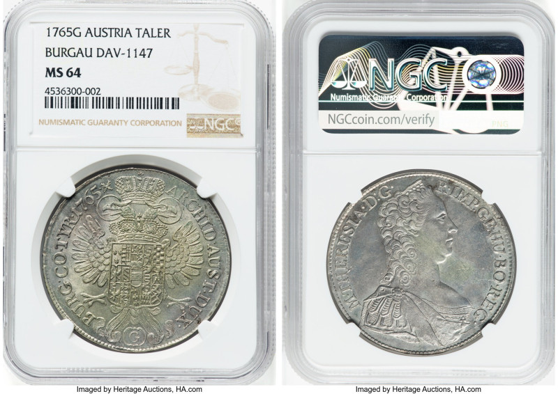 Burgau. Maria Theresa Taler 1765-G MS64 NGC, Gunzburg mint, KM15, Dav-1147. HID0...
