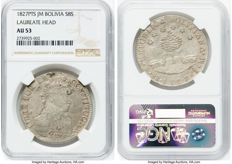 Republic Pair of Certified Multiple Soles 1827 PTS-JM NGC, 1) 8 Soles - AU53, KM...