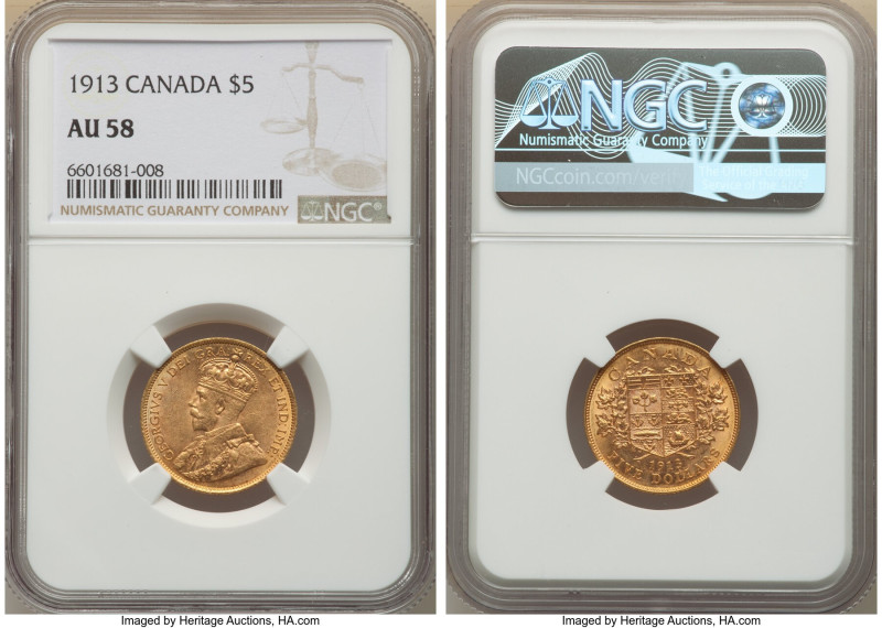 George V gold 5 Dollars 1913 AU58 NGC, Ottawa mint, KM26, Fr-4. HID09801242017 ©...