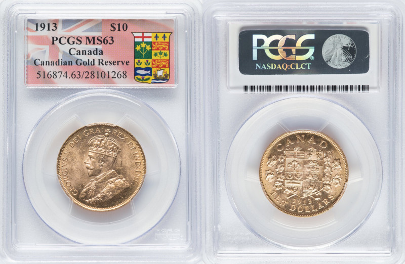 George V gold 10 Dollars 1913 MS63 PCGS, Ottawa mint, KM27., Fr-3. Canadian Gold...