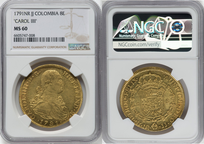 Charles IV gold 8 Escudos 1791 NR-JJ MS60 NGC, Nuevo Reino mint, KM62.1, Fr-51. ...