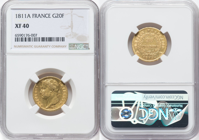 Napoleon gold 20 Francs 1811-A XF40 NGC, Paris mint, KM695.1, Fr-511. HID0980124...