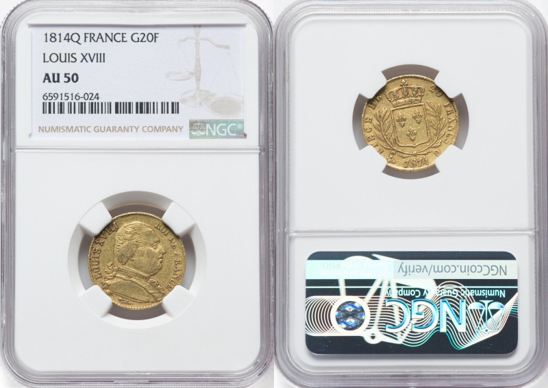 Louis XVIII gold 20 Francs 1814-Q AU50 NGC, Perpignan mint, KM706.5, Fr-529. HID...