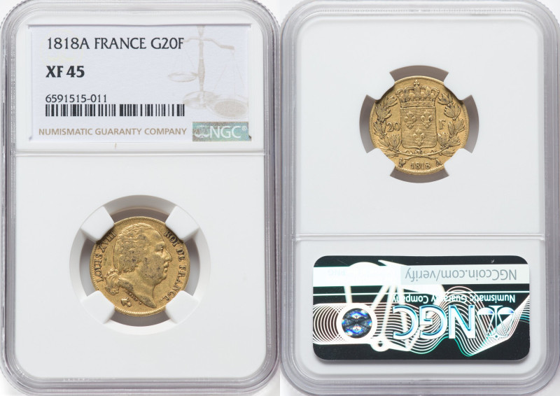 Louis XVIII gold 20 Francs 1818-A XF45 NGC, Paris mint, KM712.1, Fr-538. HID0980...