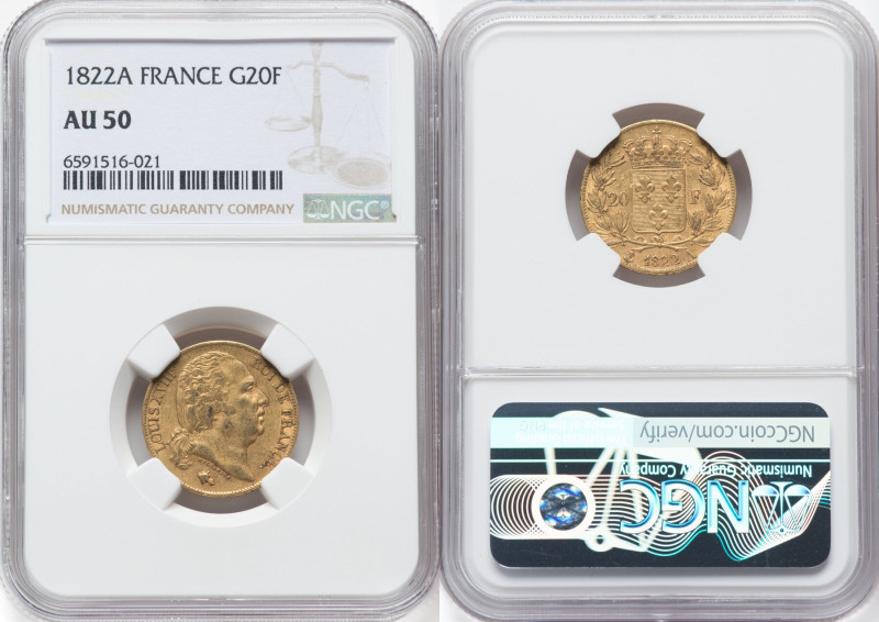 Louis XVIII gold 20 Francs 1822-A AU50 NGC, Paris mint, KM712.1, Fr-538. HID0980...