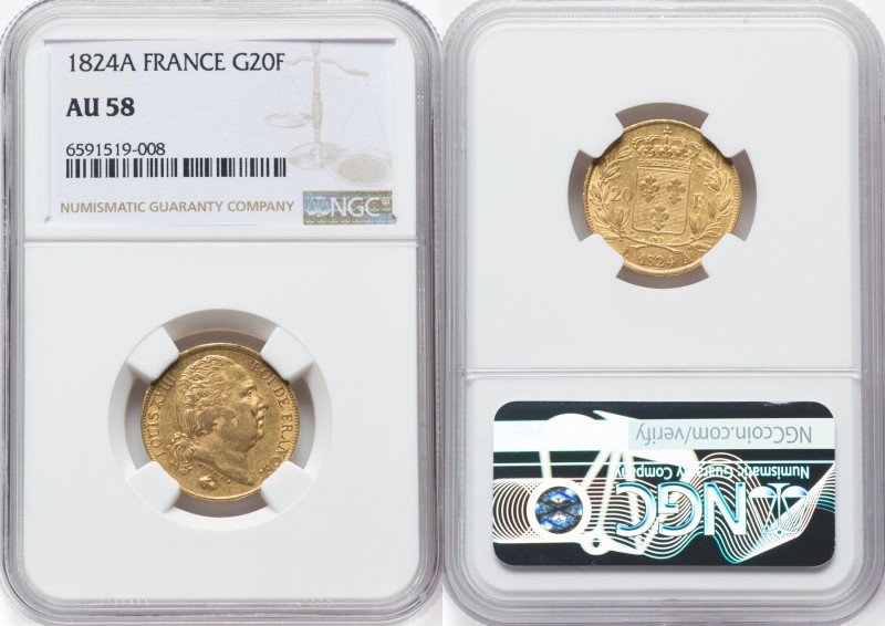 Louis XVIII gold 20 Francs 1824-A AU58 NGC, Paris mint, KM712.1, Fr-538. HID0980...