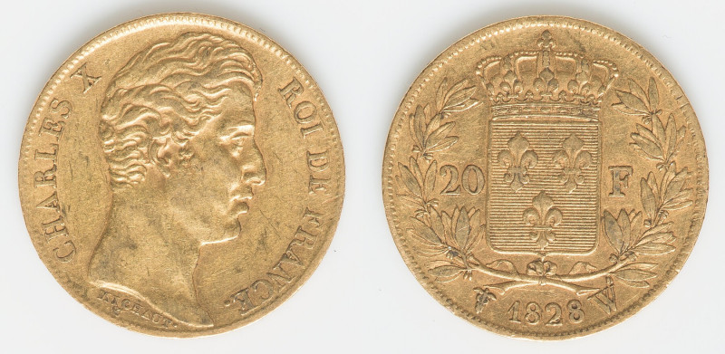 Charles X gold 20 Francs 1828-W XF, Lille mint, KM726.4. 21.0mm. 6.40gm. HID0980...