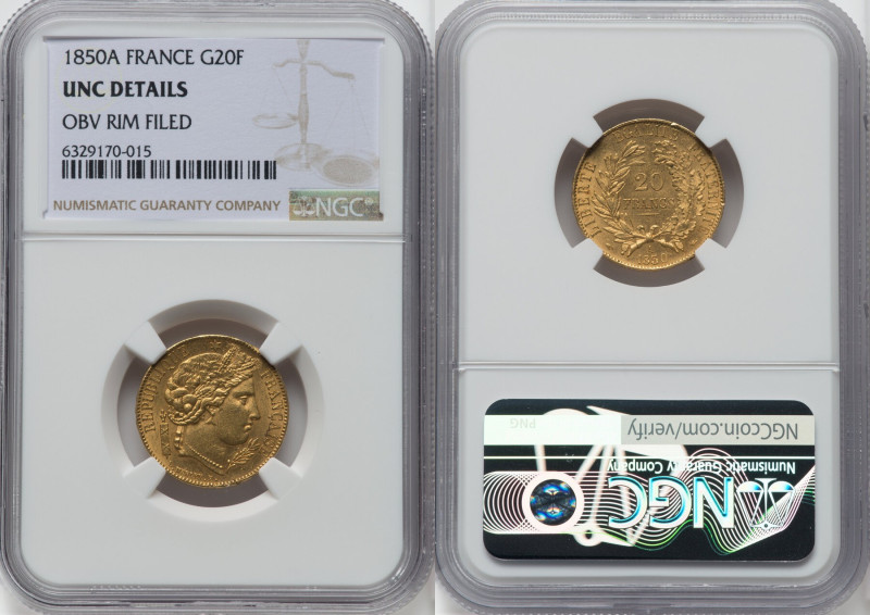 Republic gold 20 Francs 1850-A UNC Details (Obverse Rim Filed) NGC, Paris mint, ...