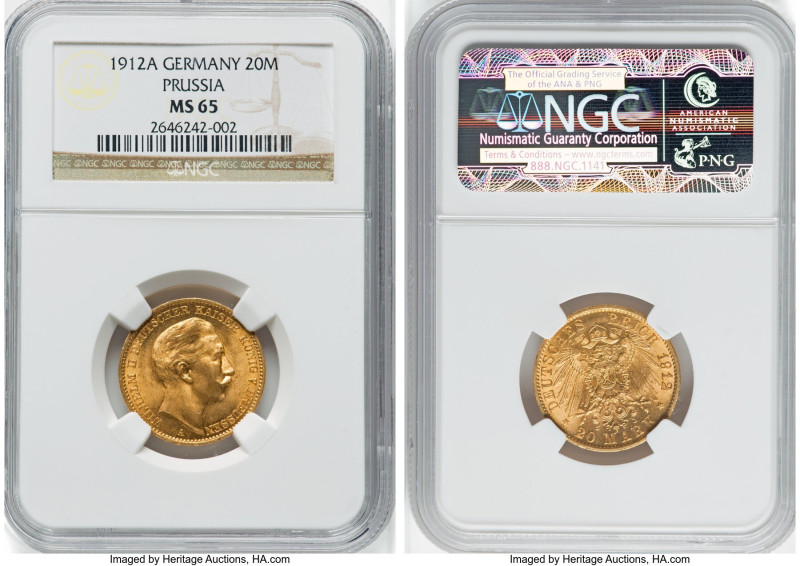 Prussia. Wilhelm II gold 20 Mark 1912-A MS65 NGC, Berlin mint, KM521, J-252. HID...