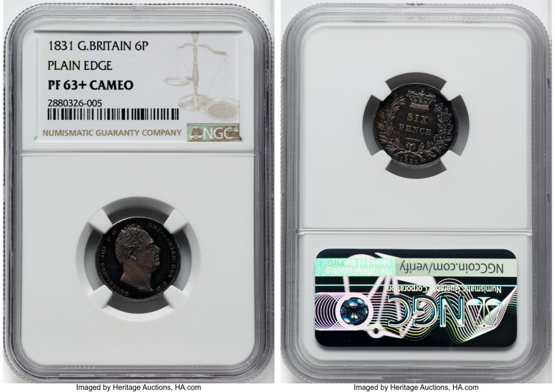 William IV Proof 6 Pence 1831 PR63+ Cameo NGC, KM712, S-3836, Plain edge. Purple...