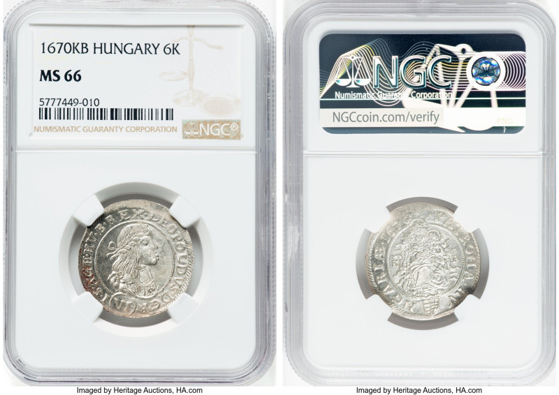 Leopold I 6 Krajczar 1670-KB MS66 NGC, Kremnitz mint, KM164. Blast white with re...