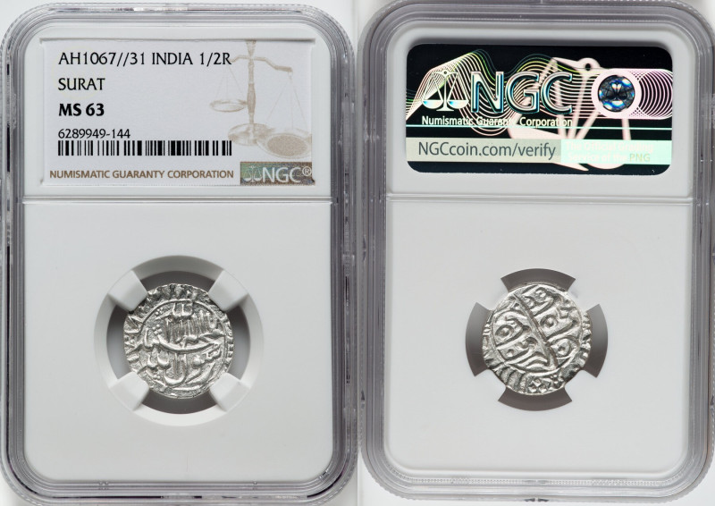 Mughal Empire. Shah Jahan 1/2 Rupee AH 1067 Year 31 (1656/1657) MS63 NGC, Surat ...