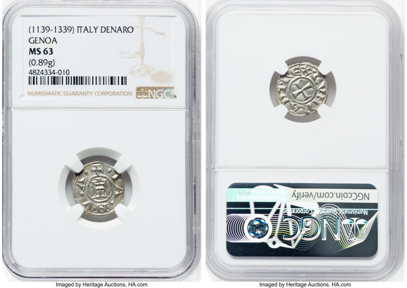 Genoa. Republic Denaro ND (1139-1339) MS63 NGC, Biaggi-835. 0.89gm. Struck in th...