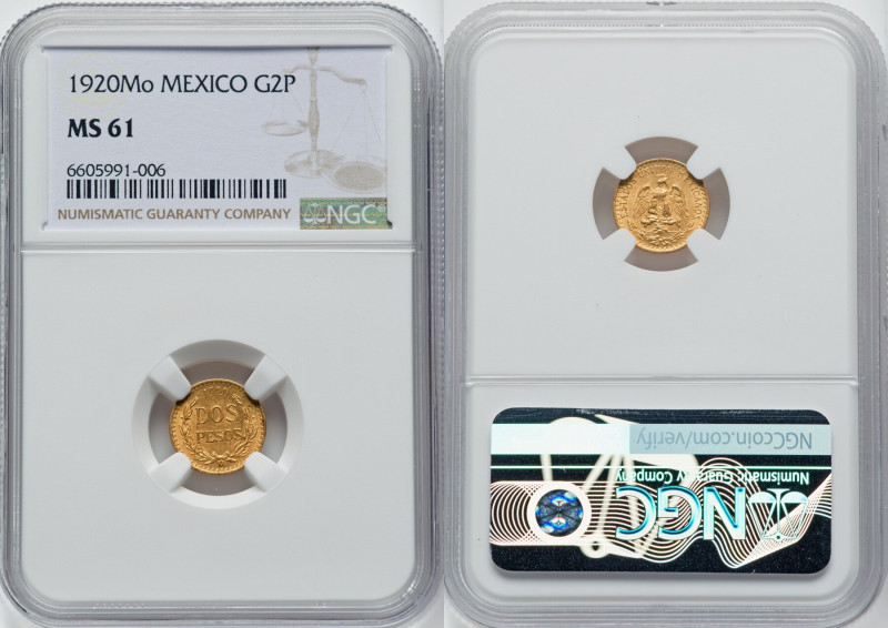 Estados Unidos gold 2 Pesos 1920-Mo MS61 NGC, Mexico City mint, KM461, Fr-170. H...