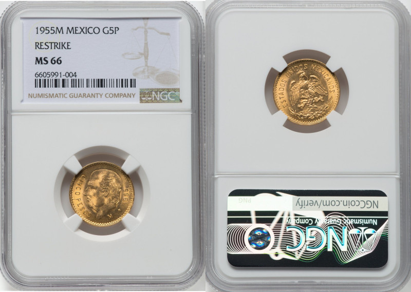 Estados Unidos gold Restrike 5 Pesos 1955-M MS66 NGC, Mexico City mint, KM464, F...