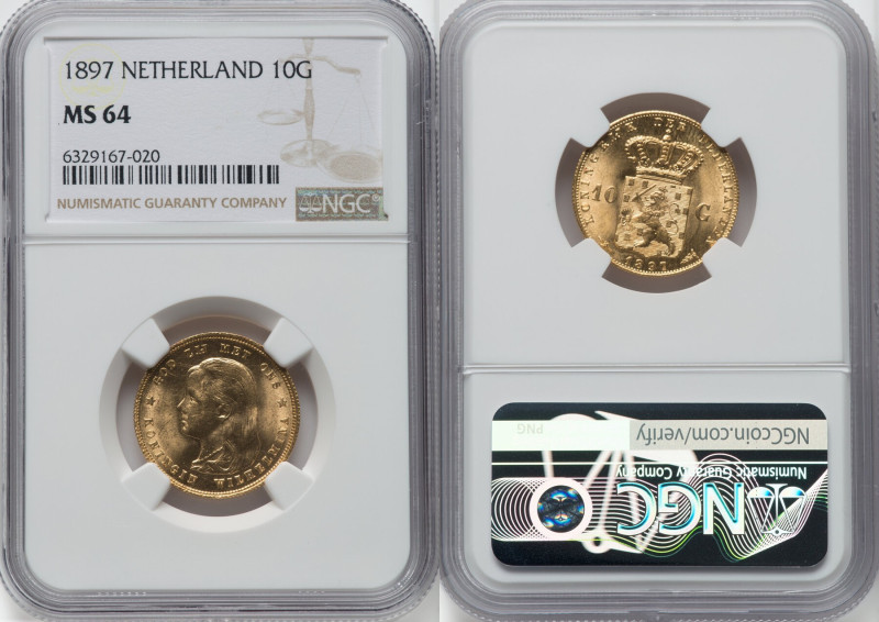 Wilhelmina gold 10 Gulden 1897 MS64 NGC, Utrecht mint, KM118, Fr-347. HID0980124...
