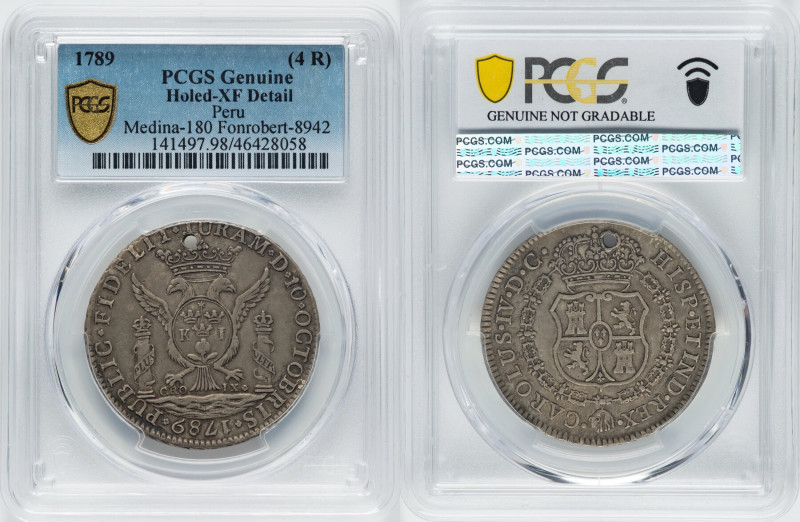 Charles IV silver Proclamation Medal of 4 Reales 1789 XF Details (Holed) PCGS, L...