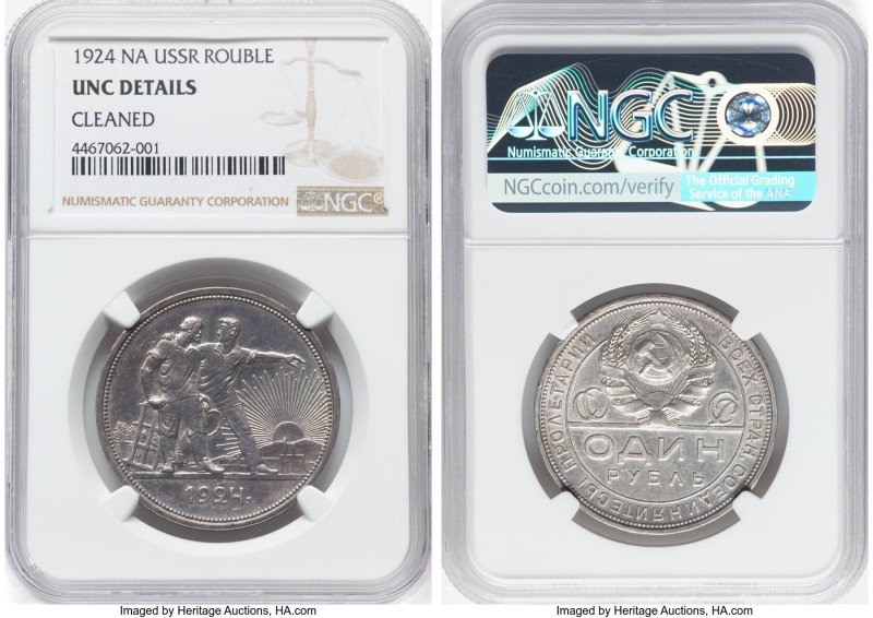 Pair of Certified Assorted Issues NGC, 1) USSR Rouble 1924-ПЛ - UNC Details (Cle...