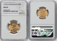 Confederation gold 20 Francs 1922-B MS64 NGC, Bern mint, KM35.1. HID09801242017 © 2022 Heritage Auctions | All Rights Reserved