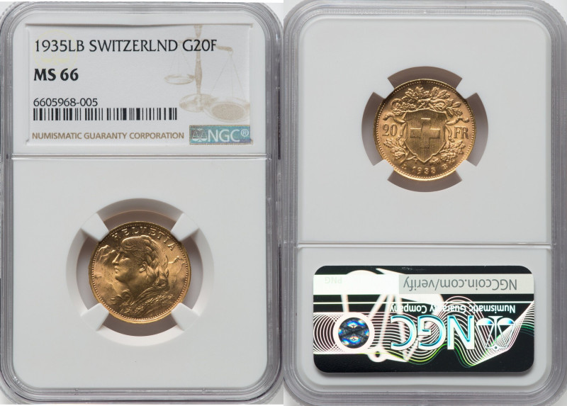 Confederation gold 20 Francs 1935-LB MS66 NGC, Bern mint, KM35.1, Fr-499. HID098...