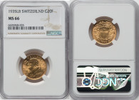 Confederation gold 20 Francs 1935-LB MS66 NGC, Bern mint, KM35.1, Fr-499. HID09801242017 © 2022 Heritage Auctions | All Rights Reserved