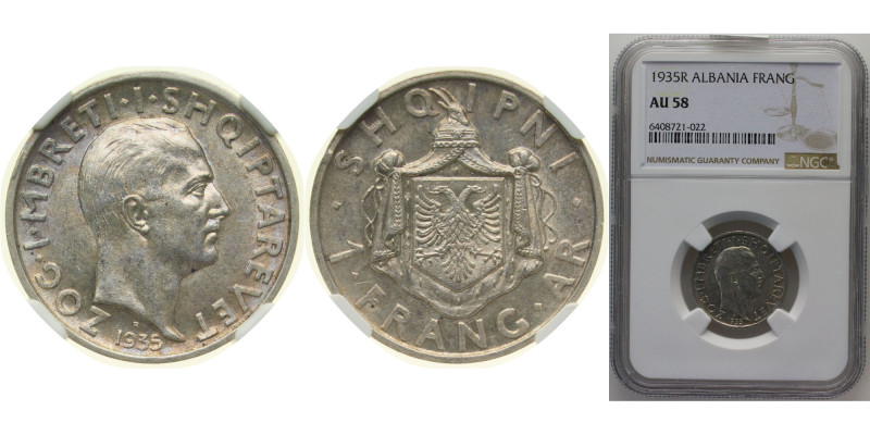 Albania Kingdom 1935 R 1 Frang Ar - Zog I Silver (.835) Rome Mint (700000) 5g NG...