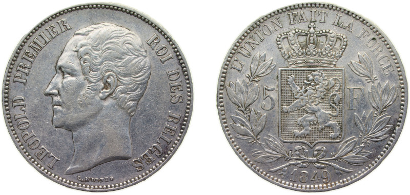 Belgium Kingdom 1849 5 Francs - Léopold I Silver (.900) Brussels Mint 25g XF KM1...