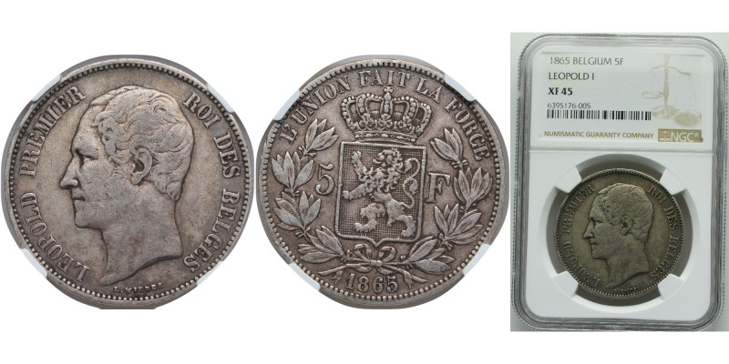 Belgium Kingdom 1866 5 Francs - Léopold I Silver (.900) (Copper 10%) Brussels Mi...